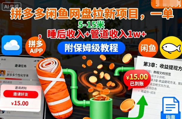 拼多多闲鱼网盘拉新项目，一单5-15米，睡后收入+管道收入1w+(附保姆级教程)-阿权资源社