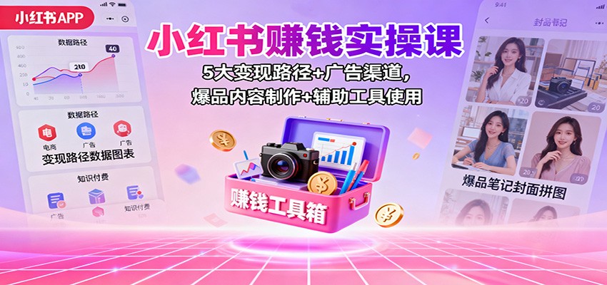 小红书赚钱实操课：5大变现路径+广告渠道，爆品内容制作+辅助工具使用-阿权资源社