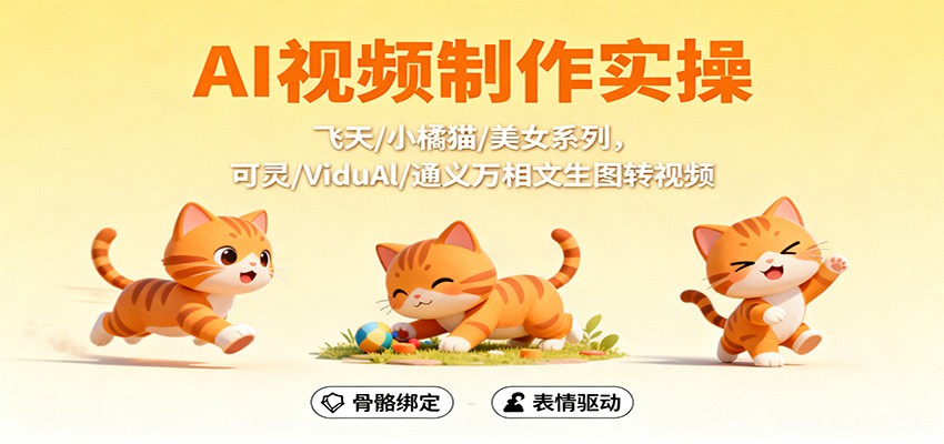 AI视频制作实操，飞天/小橘猫/美女系列，可灵/ViduAl/通义万相文生图转视频-阿权资源社