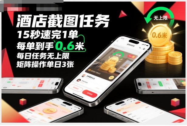 酒店截图任务，15秒速完1单，每单到手0.6米，每日任务无上限，全网首发玩法，矩阵操作单日3张【揭秘】-阿权资源社