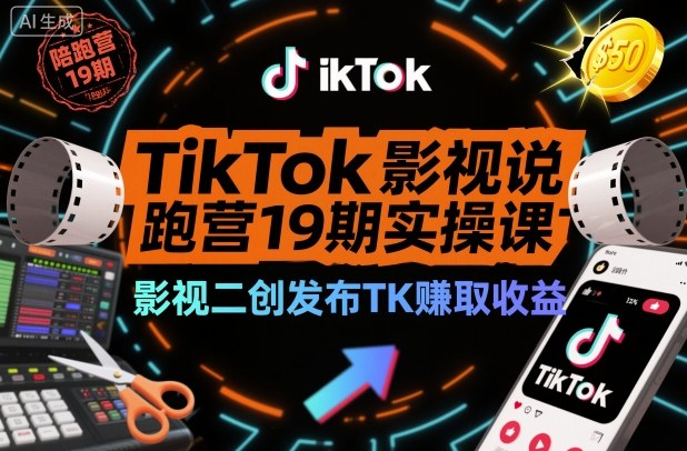 TikTok影视解说陪跑营19期实操课，影视二创发布TK賺取收益，万播收益50美金-阿权资源社