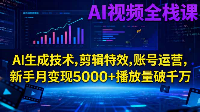 AI视频全栈课:AI生成技术,剪辑特效,账号运营,新手月变现5000+播放量破千万-阿权资源社