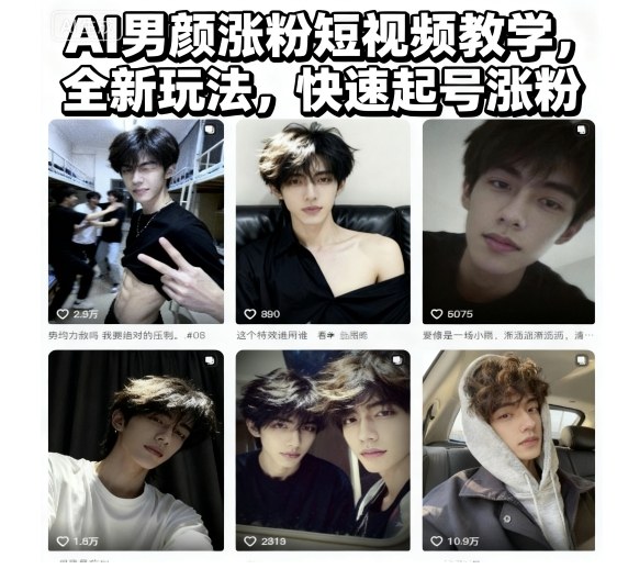 AI男颜涨粉短视频教学，全新玩法，快速起号涨粉-阿权资源社