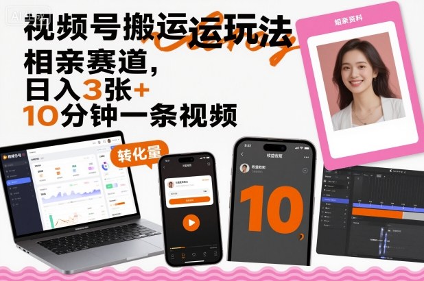 视频号搬运玩法，相亲赛道，日入3张+，10分钟一条视频-阿权资源社