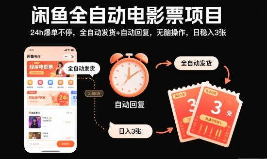 闲鱼全自动电影票项目，24h爆单不停，全自动发货+自动回复，无脑操作，日稳入3张【揭秘】-阿权资源社