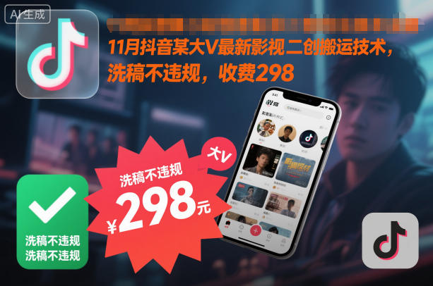 11月抖音某大V最新影视二创搬运技术，洗稿不违规，收费298-阿权资源社