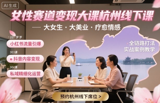 女性赛道变现大课杭州线下，大女生，大美业，疗愈情感，一套小红书、抖音、私域全链路打法-阿权资源社