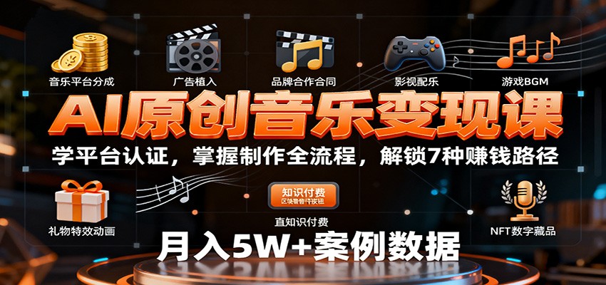 AI原创音乐变现课：学平台认证，掌握制作全流程，解锁7种赚钱路径-阿权资源社