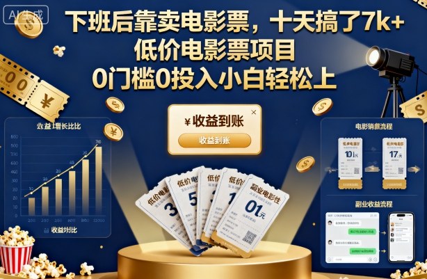 下班后靠卖电影票，十天搞了7k+，低价电影票项目，0门槛0投入小白轻松上手【揭秘】-阿权资源社