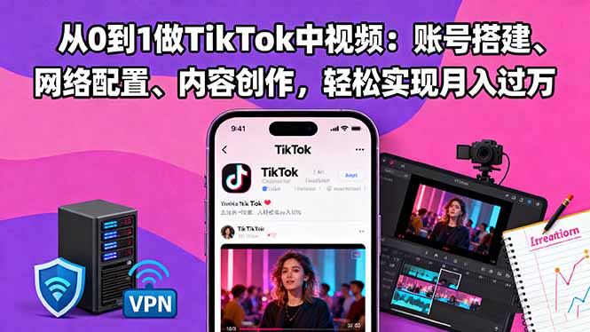 从0到1做TikTok中视频：账号搭建、网络配置、内容创作，轻松实现月入过万-阿权资源社