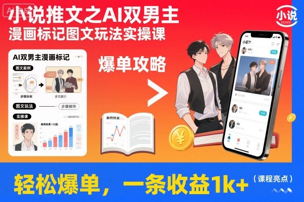 小说推文之AI双男主漫画标记图文玩法实操课，轻松爆单，一条收益1k+-阿权资源社
