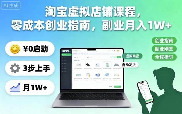 淘宝虚拟店铺课程，零成本创业指南，副业月入1W+-阿权资源社