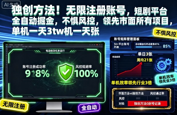 独创方法！无限注册账号，短剧平台全自动掘金，不惧风控，领先市面所有项目，单机一天3张【揭秘】-阿权资源社